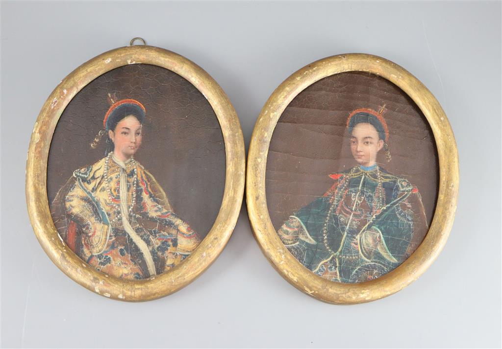 A pair of 19th century China Trade oils on canvas of the Emperor and Empress of China, image 22.5 x 18cm